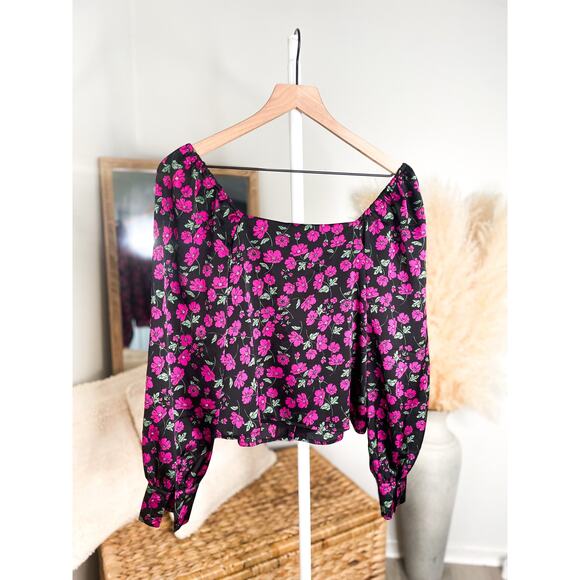 Leith Silky Floral Square Neck Blouse Small Black Long Balloon Sleeve - Picture 6 of 7
